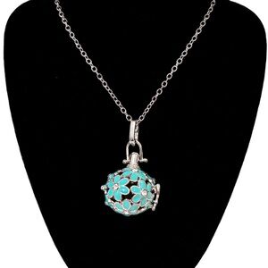 NEW - Chic Silver, Rhinestone & Turquoise Flower w Lava Stone Locket Pendant